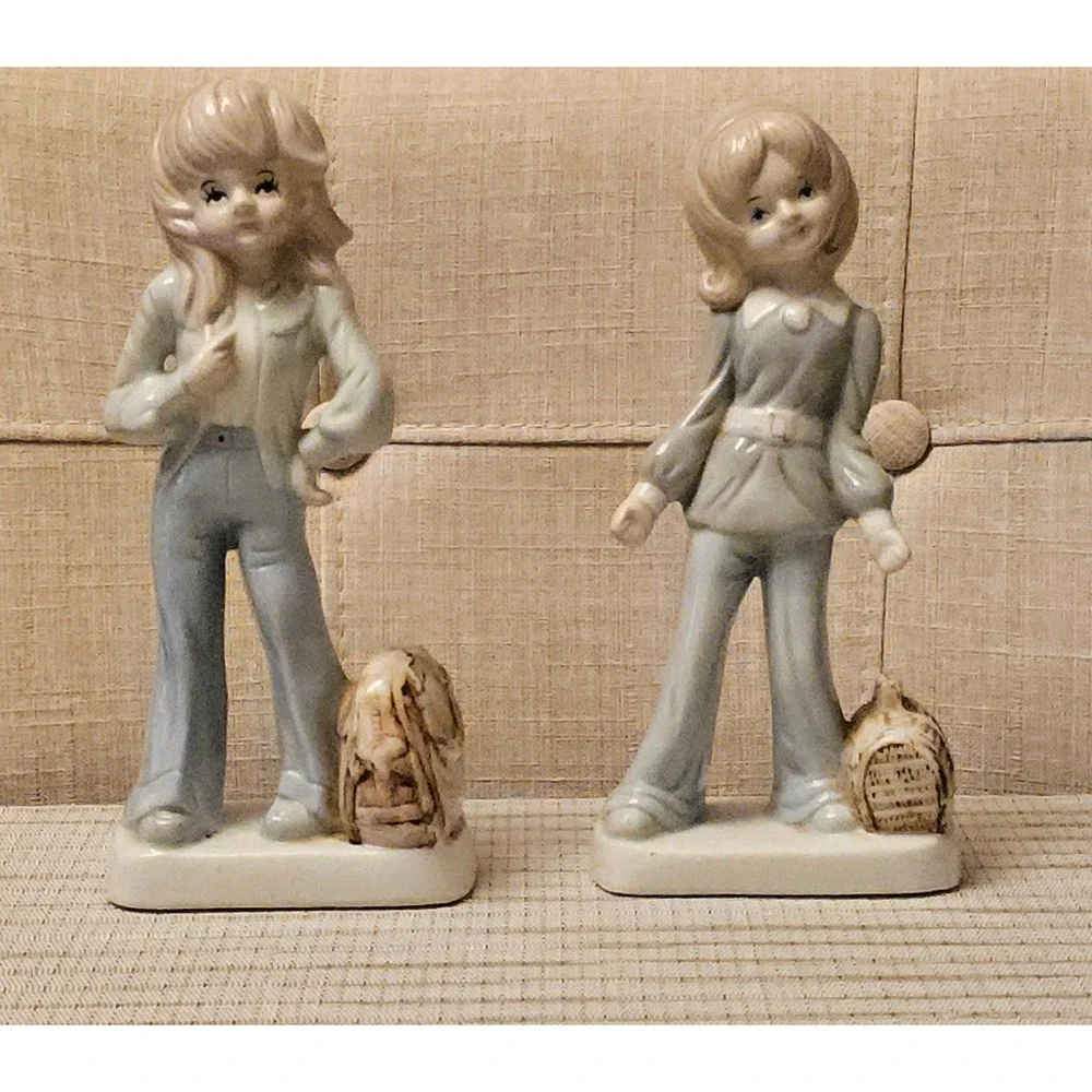 2 Vintage Porcelain Figurines 60s‎ Teen and 70s Teen with luggage 7 inches tall